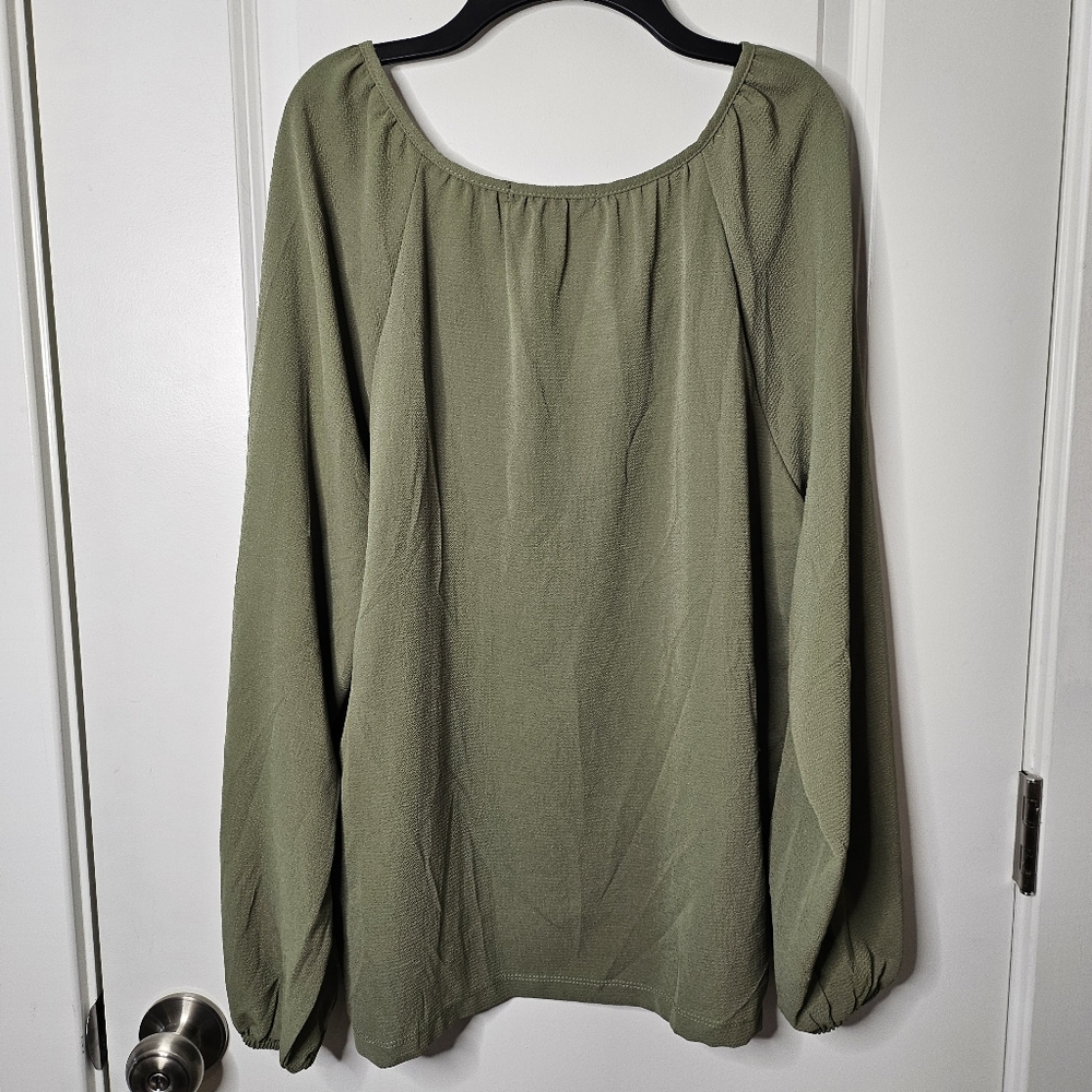 Kathy Ireland Blouse Size L Olive Green Peasant Elastic Cuffs Tie Neck Cottage - Picture 3 of 10